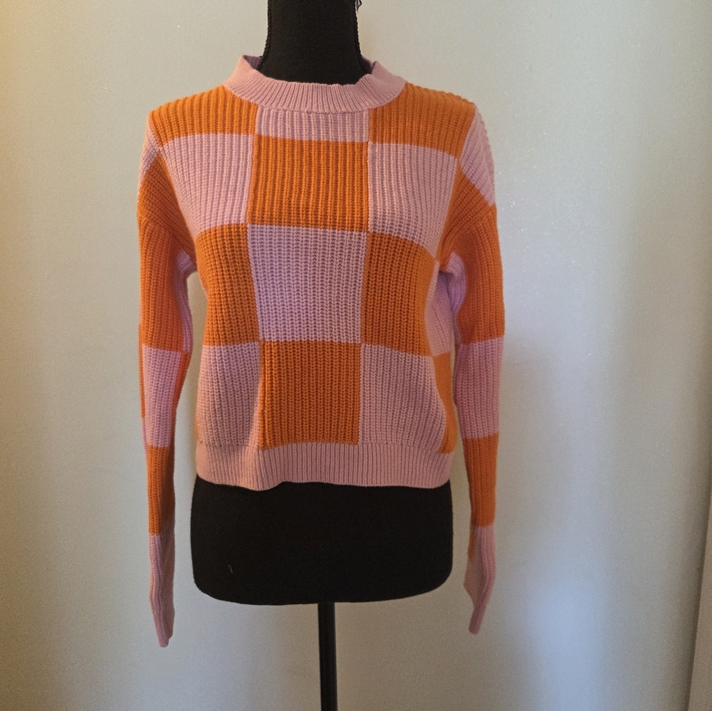 GREY LAB Pink and Orange Checkered Sweater